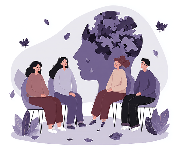 Рисованная иллюстрация студенты сидят напротив учителей гештальт-терапии, а на заднем фоне силуэт головы, верхняя часть которой состоит из кусочков пазла, где некоторых частей нехватает