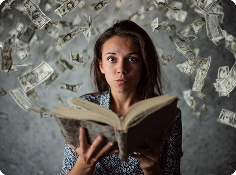 Девушка стоит с открытой книгой и удивлённо смотрит в камеру, а на неё падают доллары