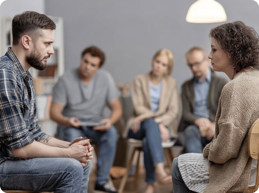 Студент сидит напротив преподавательницы гештальт-терапии, а другие трое студентов на заднем плане внимательно на них смотрят