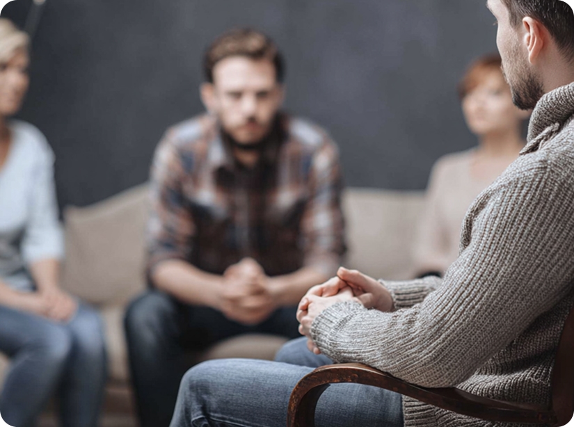 Студент сидит напротив группы других студентов на размытом заднем фоне