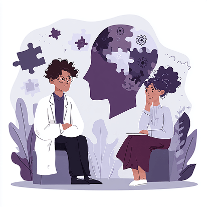 Рисованная иллюстрация к описанию курса: Мужчина в очках и халате учёного сидит на против женщины, а на заднем фоне голова, верх который состоит из кусочков пазла