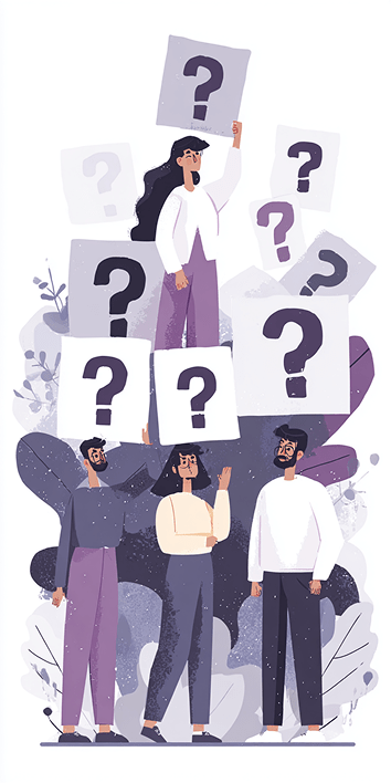 Рисованная иллюстрация двое женщин и двое мужчин с массой знаков вопроса над их головами